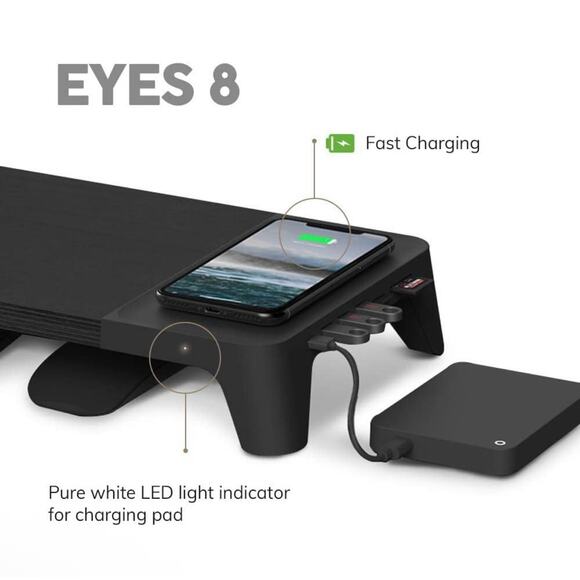 POUT Eyes8 3 in 1 Wood Monitor Stand Riser w/ USB HUB Wireless Charging Pad - Picture 6 of 9
